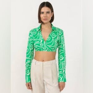 Zara Green and White Swirl Tie Front Cropped Blouse